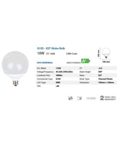 comprar Bombilla Led Bulb - 18W G120 E27 6400K Blanca Samsung Chip V-Tac de V-TAC - Iluminacion comprar Bombilla Led Bulb - 18W G120 E27 6400K Blanca Samsung Chip V-Tac de V-TAC - Iluminacion