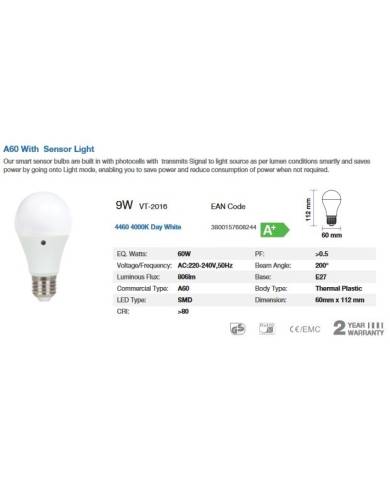 comprar Bombilla Led Bulb - 9W E27 A60 Thermoplastic Sensor 200D 4000K Day Blanca de V-TAC - Iluminacion comprar Bombilla Led Bulb - 9W E27 A60 Thermoplastic Sensor 200D 4000K Day Blanca de V-TAC - Iluminacion
