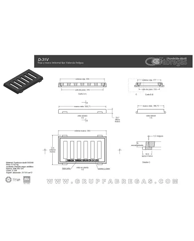 comprar Reja y marco fundición 38x20cm C-250. D-31V Fábregas de FUNDICIÍN-DUCTIL-FABREGAS - Fundicion comprar Reja y marco fundición 38x20cm C-250. D-31V Fábregas de FUNDICIÍN-DUCTIL-FABREGAS - Fundicion