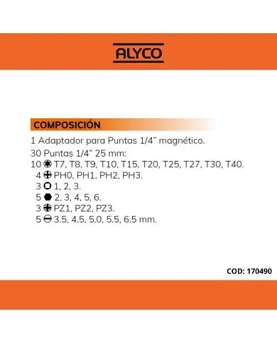comprar Juego de 30 Puntas + adaptador 14/". 170490 Alyco de ALYCO-HR - Construcción comprar Juego de 30 Puntas + adaptador 14/". 170490 Alyco de ALYCO-HR - Construcción