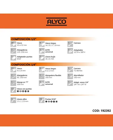 comprar Juego de llaves de vaso y accesorios de 94 piezas de 1/2" - 1/4". 192392 Alyco Orange de ALYCO-HR - Vaso comprar Juego de llaves de vaso y accesorios de 94 piezas de 1/2" - 1/4". 192392 Alyco Orange de ALYCO-HR - Vaso