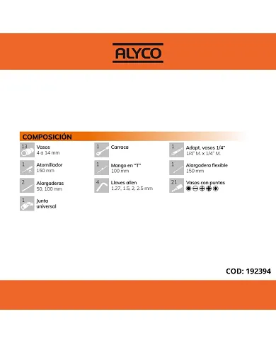 comprar Juego de llaves de vaso y accesorios de 46 piezas de 1/4" HR. Alyco de ALYCO-HR - Vaso comprar Juego de llaves de vaso y accesorios de 46 piezas de 1/4" HR. Alyco de ALYCO-HR - Vaso