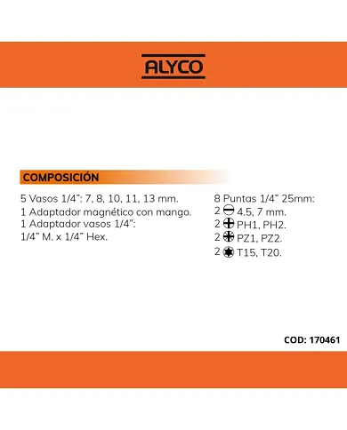 comprar Juego 15 piezas Puntas + Vasos 1/4". 170461 Alyco Orange de HR - Conjuntos y sets comprar Juego 15 piezas Puntas + Vasos 1/4". 170461 Alyco Orange de HR - Conjuntos y sets