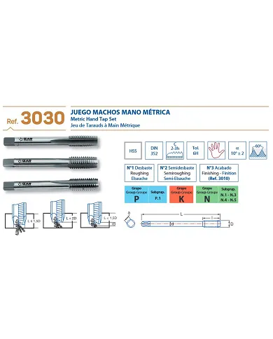 comprar Juego 3 machos mano métrica DIN 352 HSS 05x0.80mm. 3030 Izar de IZAR - Machos y accesorios