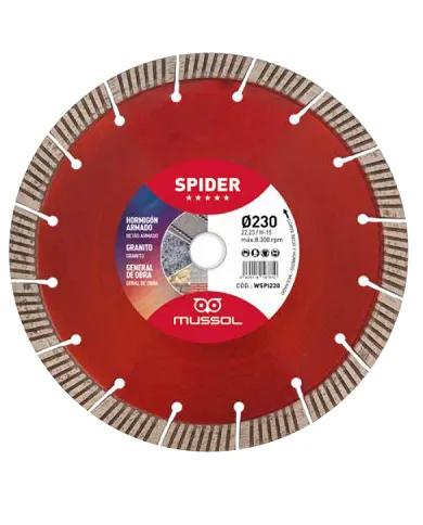comprar Disco diamante General Obra Spider H15 Ø230mm Eje: 22.23mm. WSPI230 Mussol de MUSSOL - Discos corte y desbaste comprar Disco diamante General Obra Spider H15 Ø230mm Eje: 22.23mm. WSPI230 Mussol de MUSSOL - Discos corte y desbaste