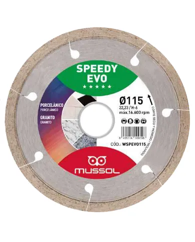 comprar Disco diamante porcelánico Speedy Evo H7 Ø115mm Eje: 22.23mm. WSPEVO115 Mussol de MUSSOL - Discos corte y desbaste comprar Disco diamante porcelánico Speedy Evo H7 Ø115mm Eje: 22.23mm. WSPEVO115 Mussol de MUSSOL - Discos corte y desbaste