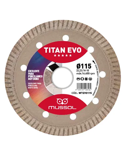 comprar Disco diamante porcelánico Titán Evo H10 Ø115mm Eje: 22.23mm. WTEVO115 Mussol de MUSSOL - Discos corte y desbaste comprar Disco diamante porcelánico Titán Evo H10 Ø115mm Eje: 22.23mm. WTEVO115 Mussol de MUSSOL - Discos corte y desbaste
