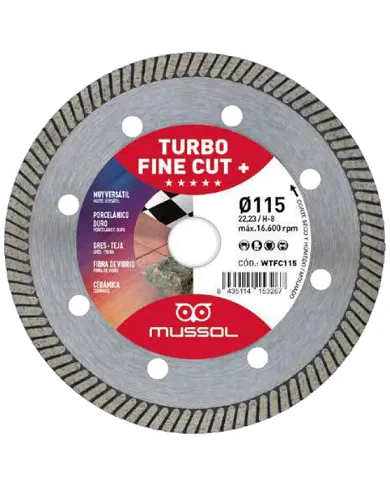 comprar Disco diamante porcelánico Turbo Fine Cut+ H8 Ø115mm Eje: 22.23mm. WTFC115 Mussol de MUSSOL - Discos corte y desbaste comprar Disco diamante porcelánico Turbo Fine Cut+ H8 Ø115mm Eje: 22.23mm. WTFC115 Mussol de MUSSOL - Discos corte y desbaste