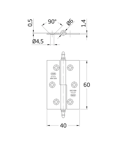 comprar 1 Bisagra desmontable inox 60x40mm Izquierda Canto cuadrado con remate. Mod 2006 Amig de AMIG - Pernios, bisagras y pasadores