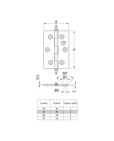 comprar 1 Bisagra fija latón pulido 60x40mm Canto cuadrado con remate. Mod 1003 Amig de AMIG - Pernios, bisagras y pasadores