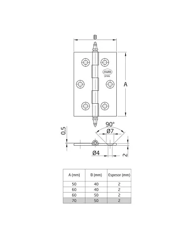 comprar 1 Bisagra fija latón pulido 70x50mm Canto cuadrado con remate. Mod 1003 Amig de AMIG - Pernios, bisagras y pasadores