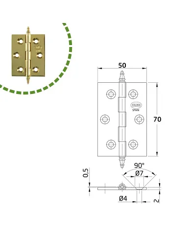 comprar 1 Bisagra fija latón pulido 70x50mm Canto cuadrado con remate. Mod 1003 Amig de AMIG - Pernios, bisagras y pasadores