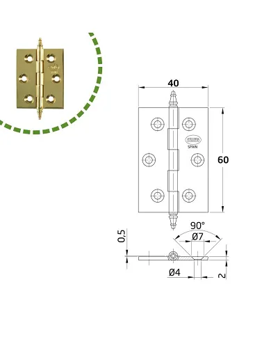 comprar 1 Bisagra fija latón pulido 60x40mm Canto cuadrado con remate. Mod 1003 Amig de AMIG - Pernios, bisagras y pasadores