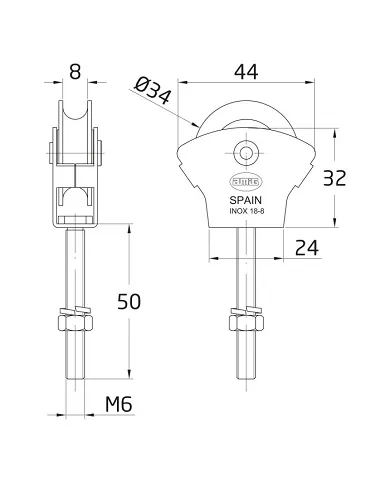 comprar Polea para tendederos inox y roldana de latón Ø39mm M6 x 50mm con tornillo y sin guías. Mod. 23 de AMIG - Accesorios