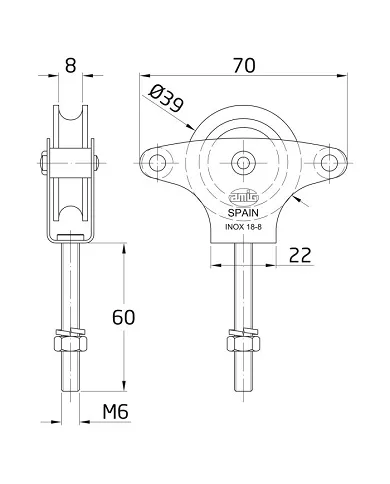 comprar Polea para tendederos inox y roldana metálica Ø39mm M6 x 60mm con tornillo y guias. Mod. 22 de AMIG - Accesorios
