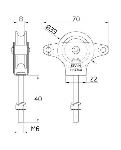 comprar Polea para tendederos inox y roldana metálica Ø39mm M6 x 40mm con tornillo y guias. Mod. 20 de AMIG - Accesorios