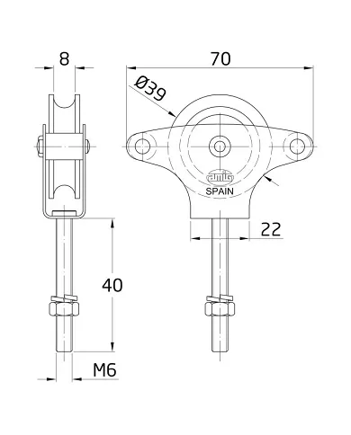 comprar Polea para tendederos acero y roldana de plástico Ø39mm M6 x 40mm con tornillo y guias. Mod. 1 de AMIG - Accesorios