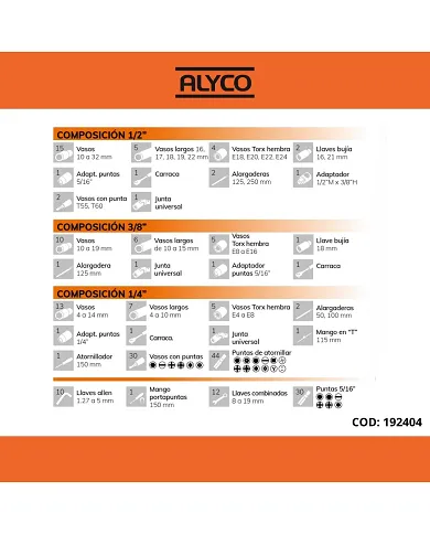comprar Juego De Llaves de Vaso 1/2", 3/8" y 1/4" y Accesorios, con Llaves de Apriete Combinadas 219 piezas. 192404 Alyco de ALYCO - Vaso comprar Juego De Llaves de Vaso 1/2", 3/8" y 1/4" y Accesorios, con Llaves de Apriete Combinadas 219 piezas. 192404 Alyco de ALYCO - Vaso