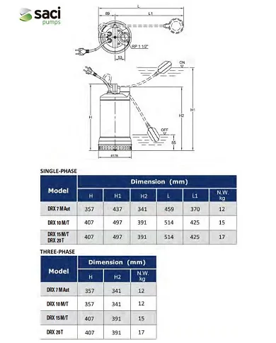 comprar Bomba sumergible para drenaje de aguas fecales 1.5Hp 1.1Kw. DRX 15M Aut Saci de SACI - Bombas de agua y accesorios