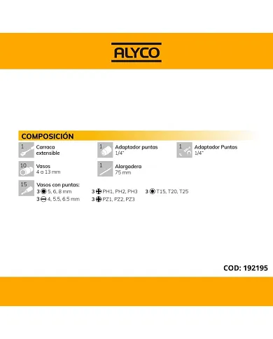 comprar Juego de llaves de vaso y accesorios de 29 piezas de 1/4". 192195 Alyco de ALYCO - Vaso comprar Juego de llaves de vaso y accesorios de 29 piezas de 1/4". 192195 Alyco de ALYCO - Vaso
